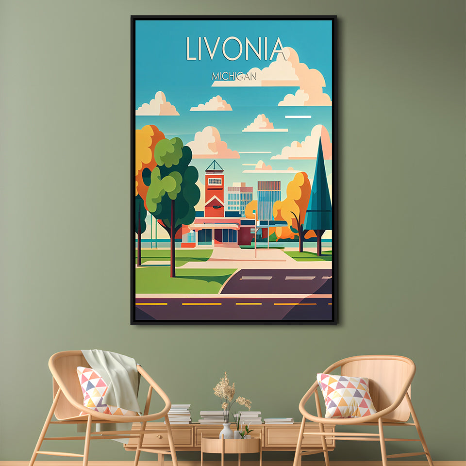 Livonia Michigan Retro Art Print, Livonia City Wall Art, Floating Framed Canvas Print, Framed Picture, Painting Canvas