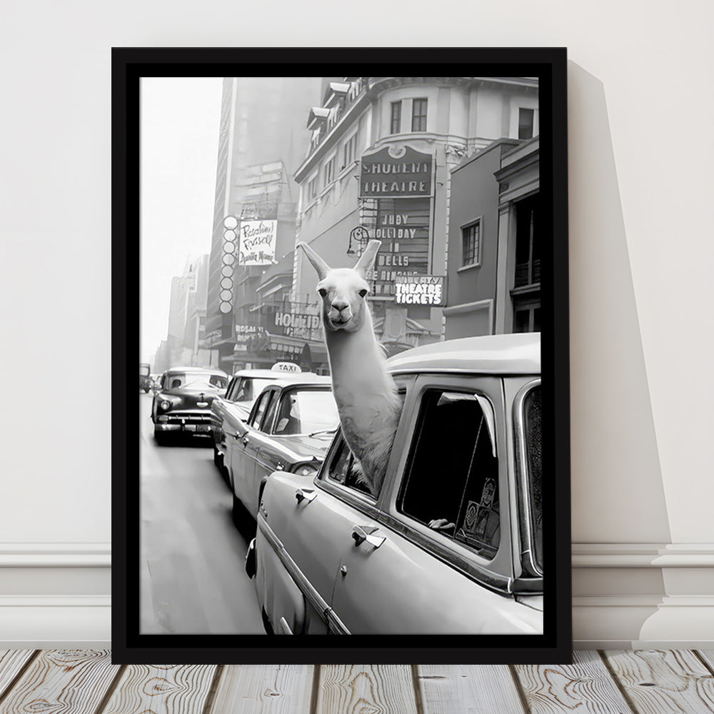 Llama in Times Square New York Framed Canvas Print Wall Art, Black and White, Funny Animal