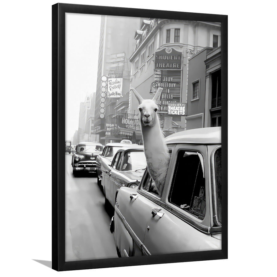 Llama in Times Square New York Framed Art Print Wall Decor, Black and White, Funny Animal
