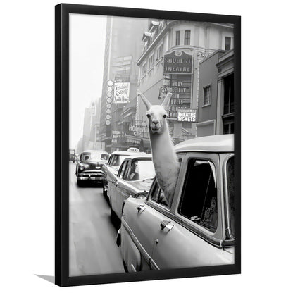 Llama in Times Square New York Framed Art Print Wall Decor, Black and White, Funny Animal
