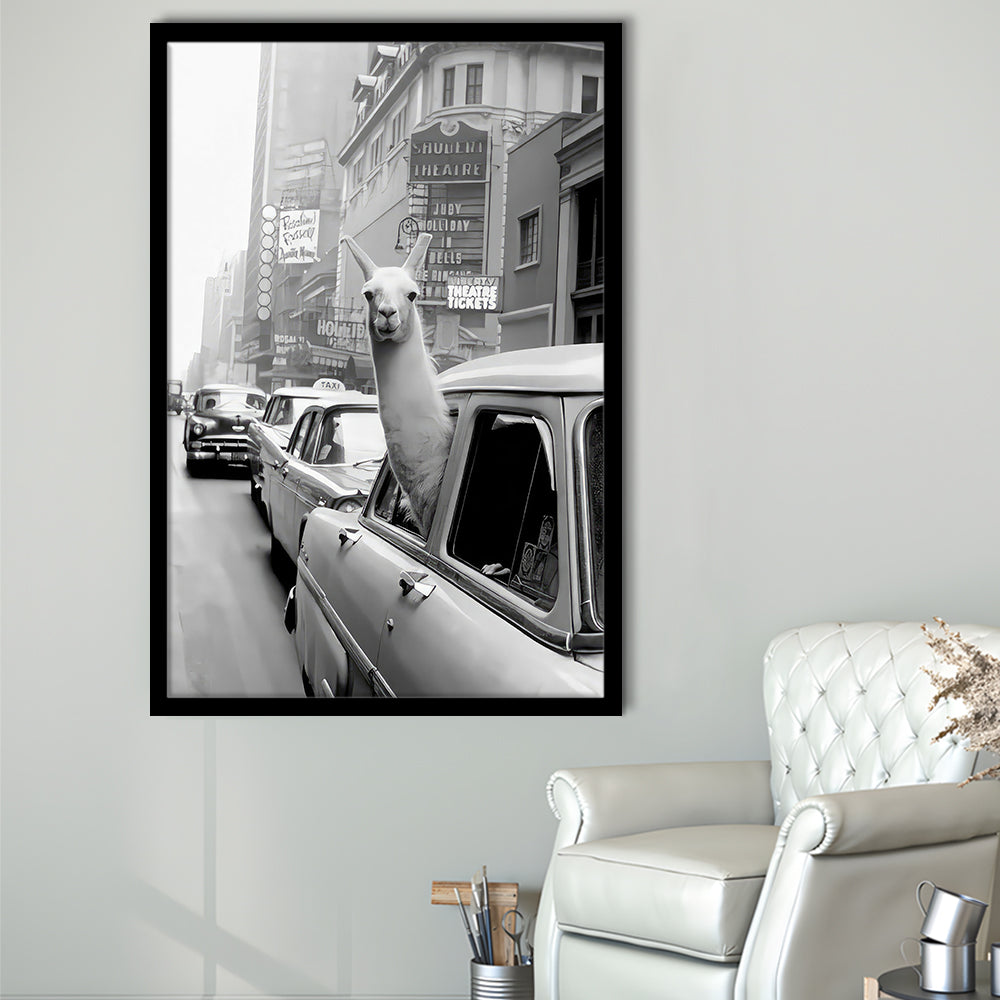 Llama in Times Square New York Framed Art Print Wall Decor, Black and White, Funny Animal