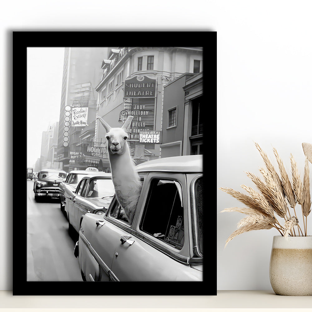Llama in Times Square New York Framed Art Print Wall Decor, Black and White, Funny Animal