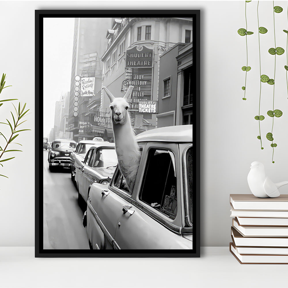 Llama in Times Square New York Framed Canvas Print Wall Art, Black and White, Funny Animal