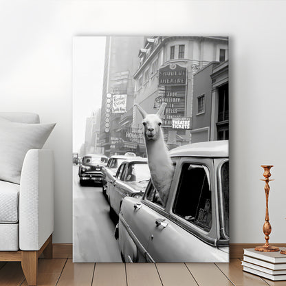 Llama in Times Square New York Canvas Print Wall Art, Black and White, Funny Animal, Retro Wall Decor