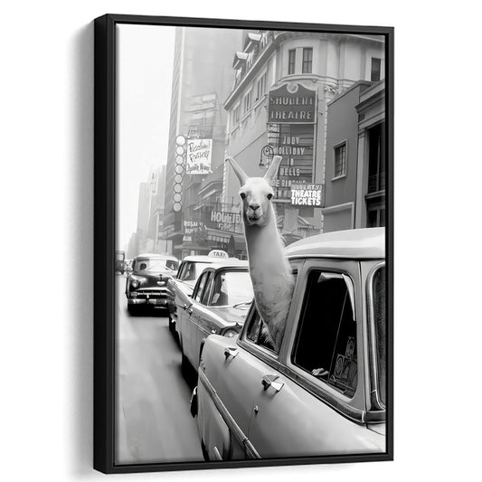 Llama in Times Square New York Framed Canvas Print Wall Art, Black and White, Funny Animal