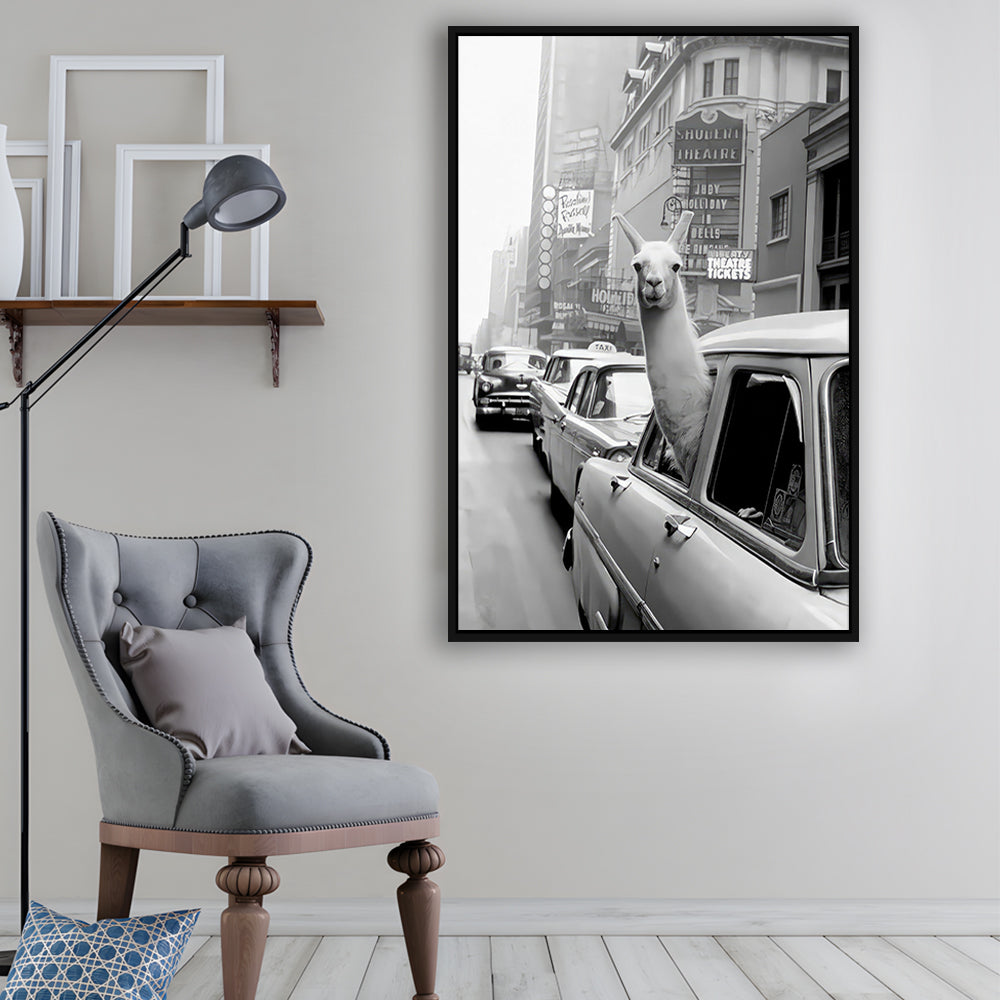 Llama in Times Square New York Framed Canvas Print Wall Art, Black and White, Funny Animal