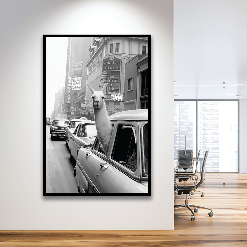 Llama in Times Square New York Framed Art Print Wall Decor, Black and White, Funny Animal