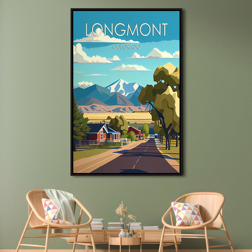 Longmont Colorado Retro Art Print, Longmont City Wall Art, Floating Framed Canvas Print, Framed Picture, Painting Canvas