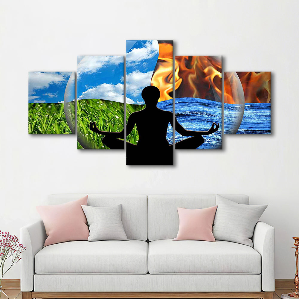 Lotus Pose Yoga Wall Art Decor, Element Canvas Art,Lotus Position Wall Decor, 5 Piece Large Cavas Print Wall Art