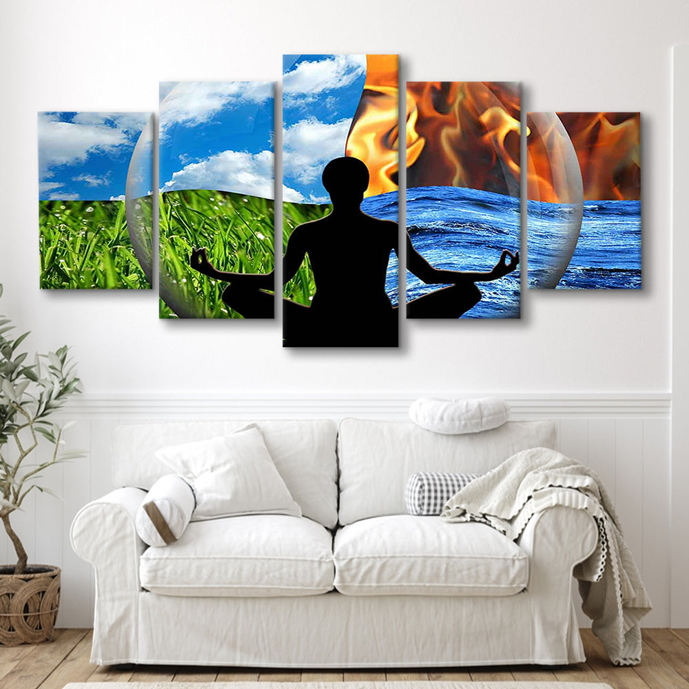 Lotus Pose Yoga Wall Art Decor, Element Canvas Art,Lotus Position Wall Decor, 5 Piece Large Cavas Print Wall Art