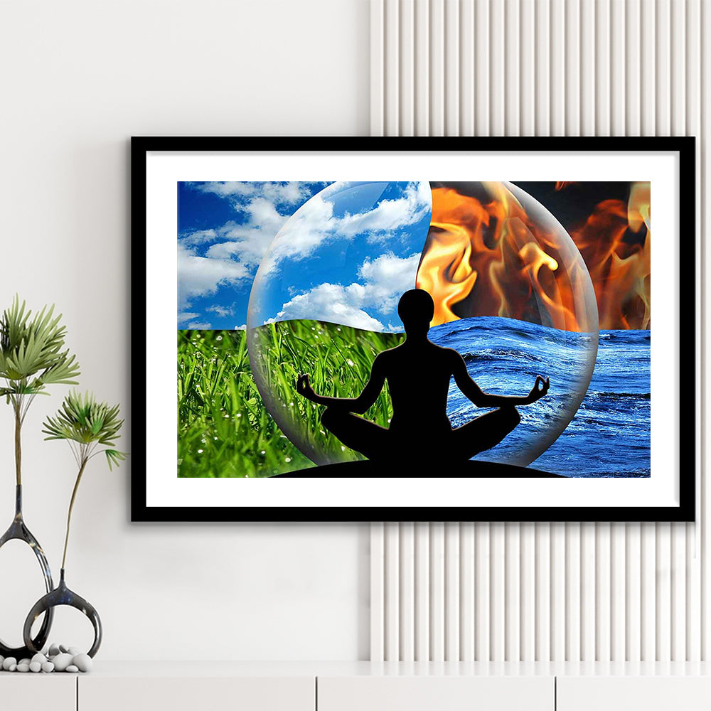 Lotus Pose Yoga Wall Art Decor, Element Art,Lotus Position Wall Decor, Framed Art Print White Border