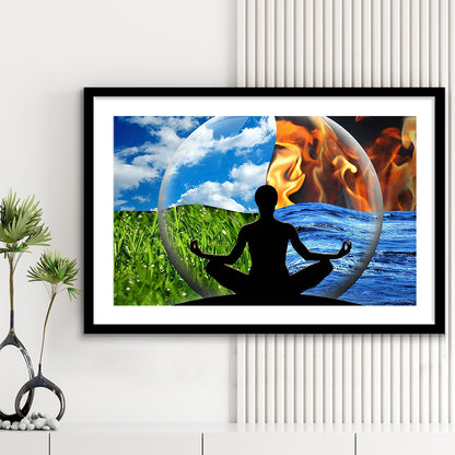 Lotus Pose Yoga Wall Art Decor, Element Art,Lotus Position Wall Decor, Framed Art Print White Border
