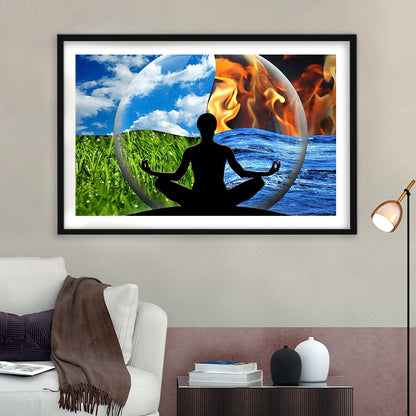 Lotus Pose Yoga Wall Art Decor, Element Art,Lotus Position Wall Decor, Framed Art Print White Border