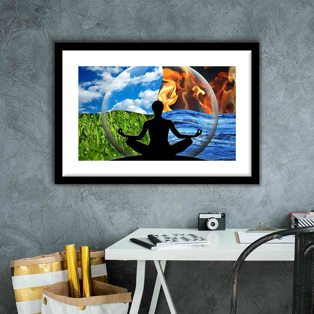 Lotus Pose Yoga Wall Art Decor, Element Art,Lotus Position Wall Decor, Framed Art Print White Border