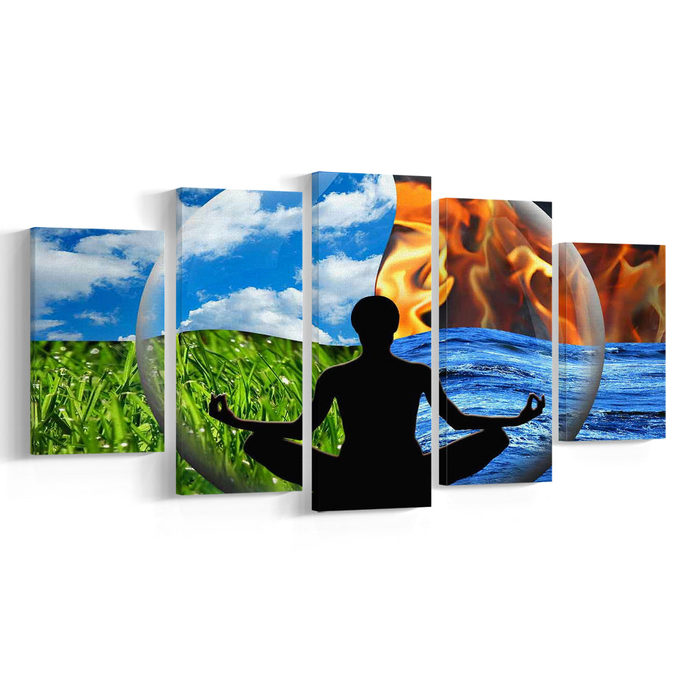 Lotus Pose Yoga Wall Art Decor, Element Canvas Art,Lotus Position Wall Decor, 5 Piece Large Cavas Print Wall Art