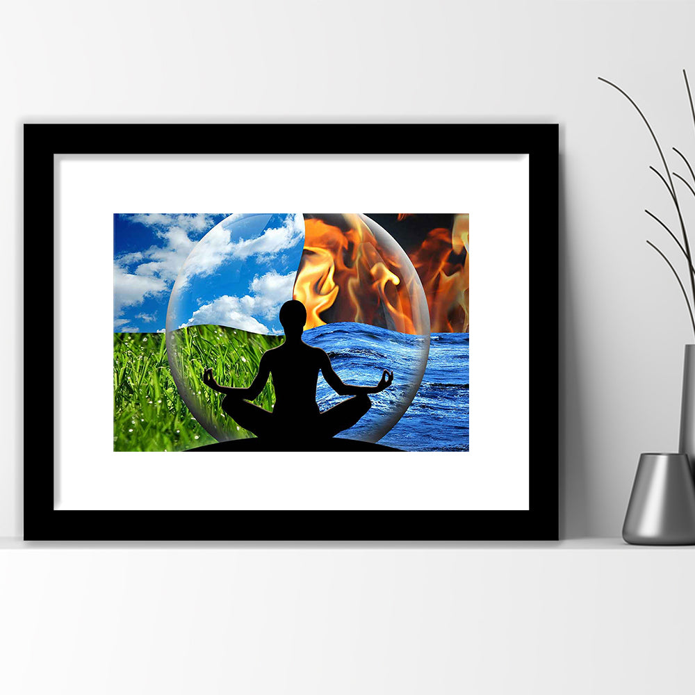 Lotus Pose Yoga Wall Art Decor, Element Art,Lotus Position Wall Decor, Framed Art Print White Border