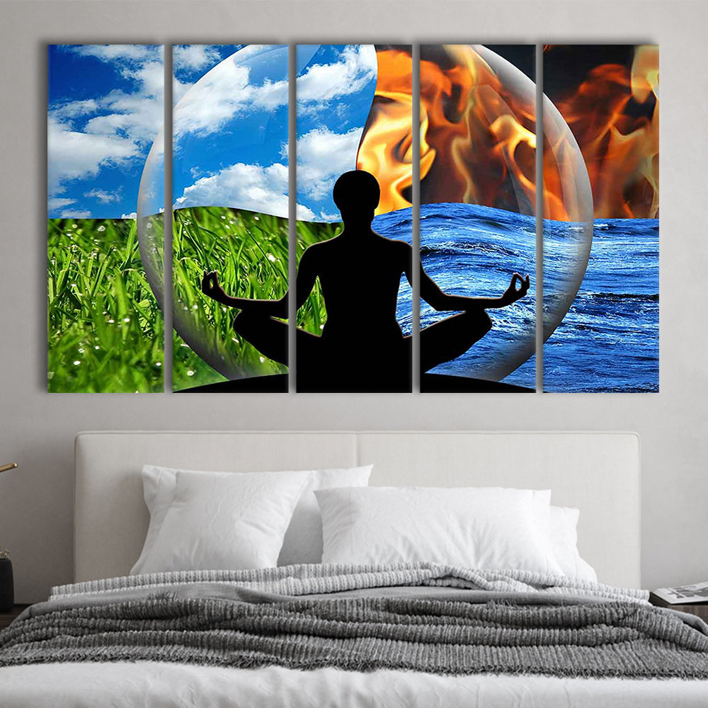 Lotus Pose Yoga Wall Art Decor, Element Canvas Art,Lotus Position Wall Decor, 5 Piece B Extra Large Cavas Print Wall Art