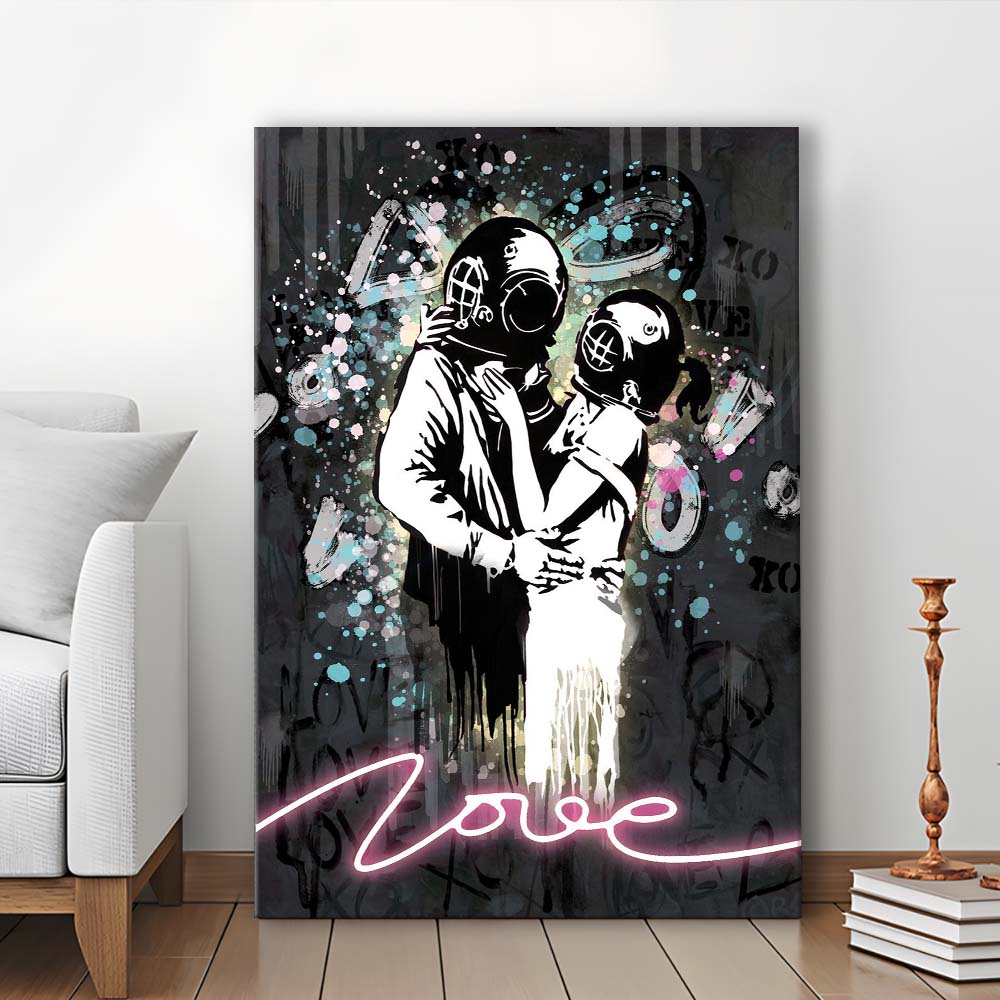 Love Banksy, Neon Sign Effect Art, Canvas Print, Luxury Wall Art Decor, Modern Art