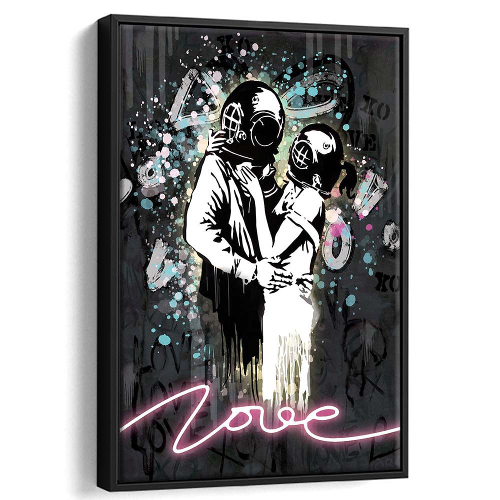 Love Banksy, Neon Sign Effect Art, Framed Canvas Print, Floating Frame, Luxury Wall Art Decor