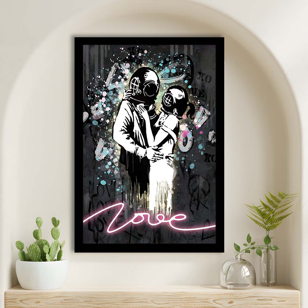 Love Banksy, Neon Sign Effect Art, Framed Art Print, Picture Framed Wall Art Decor