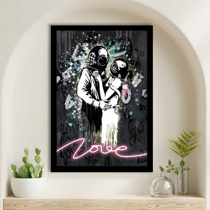 Love Banksy, Neon Sign Effect Art, Framed Art Print, Picture Framed Wall Art Decor