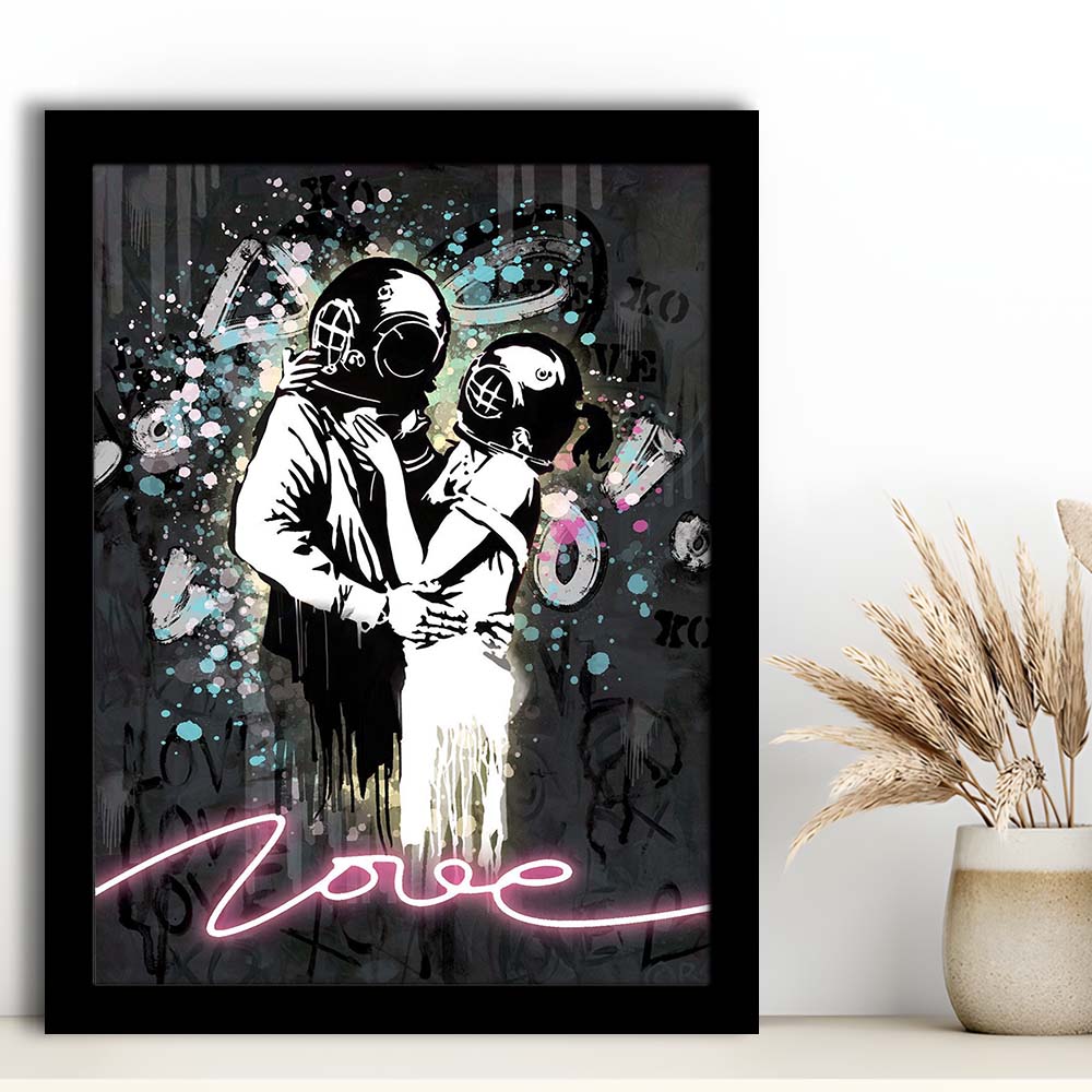 Love Banksy, Neon Sign Effect Art, Framed Art Print, Picture Framed Wall Art Decor
