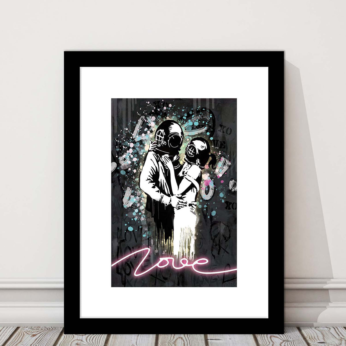 Love Banksy, Neon Sign Effect Art, Framed Art Print, Luxury Pictures Framed, White Border