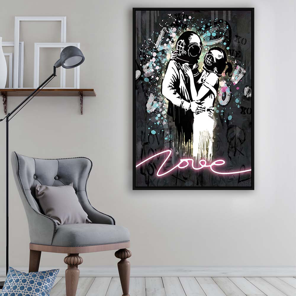 Love Banksy, Neon Sign Effect Art, Framed Canvas Print, Floating Frame, Luxury Wall Art Decor