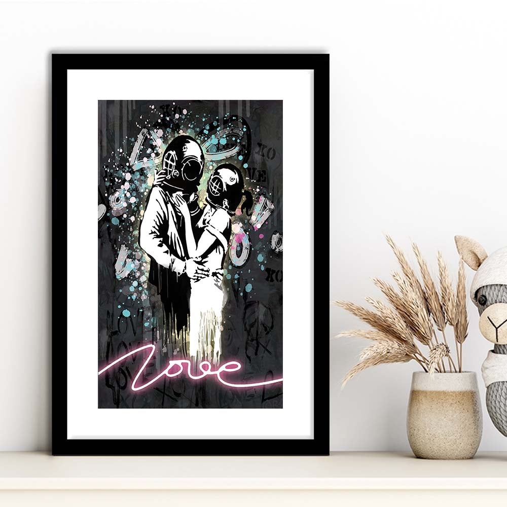 Love Banksy, Neon Sign Effect Art, Framed Art Print, Luxury Pictures Framed, White Border