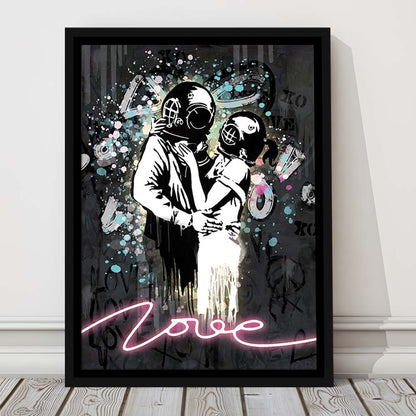 Love Banksy, Neon Sign Effect Art, Framed Canvas Print, Floating Frame, Luxury Wall Art Decor
