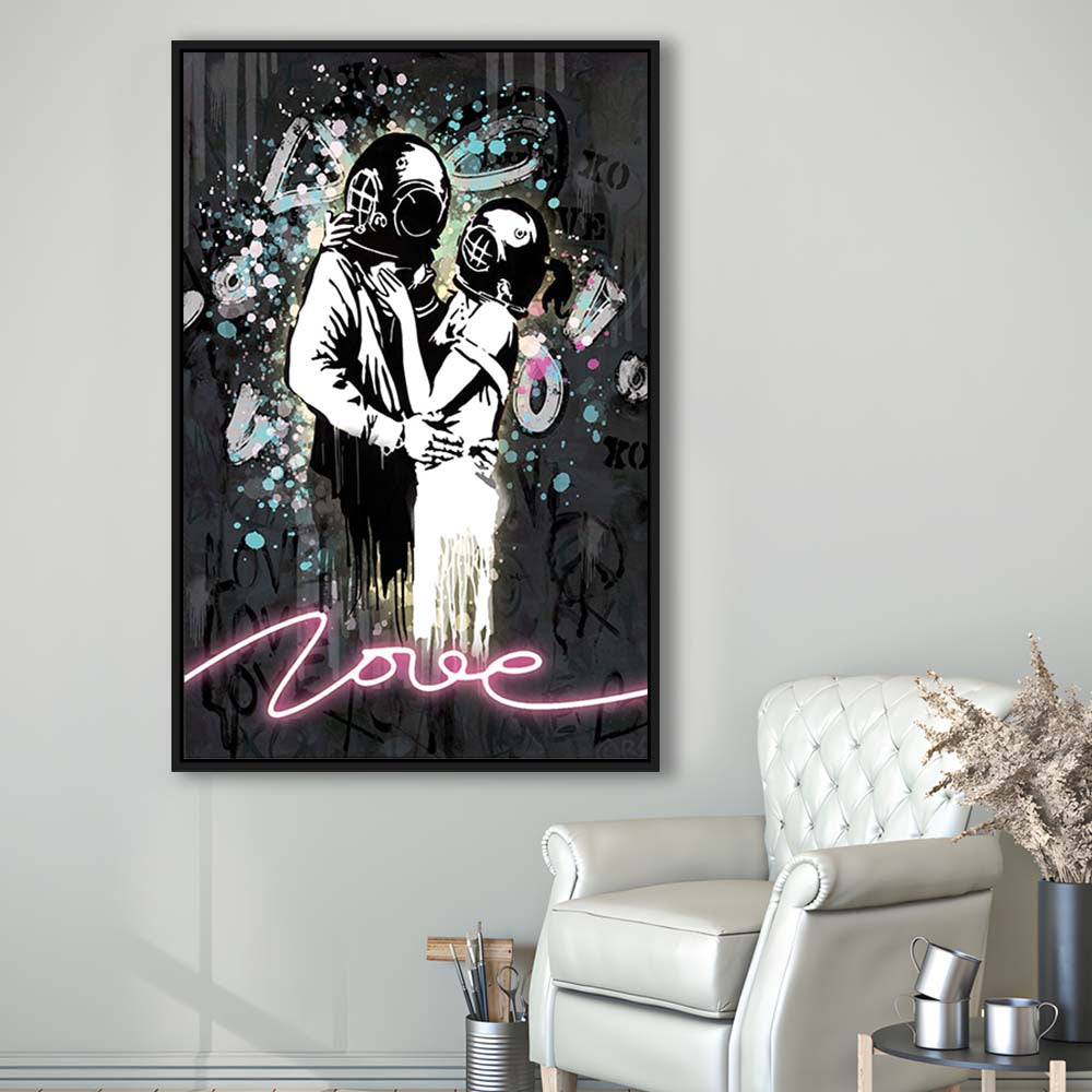 Love Banksy, Neon Sign Effect Art, Framed Canvas Print, Floating Frame, Luxury Wall Art Decor