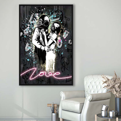Love Banksy, Neon Sign Effect Art, Framed Canvas Print, Floating Frame, Luxury Wall Art Decor