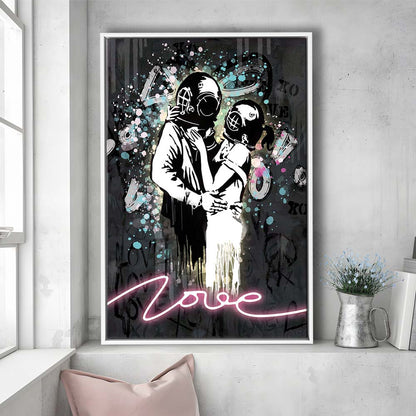Love Banksy, Neon Sign Effect Art, Framed Canvas Print, Floating Frame, Luxury Wall Art Decor