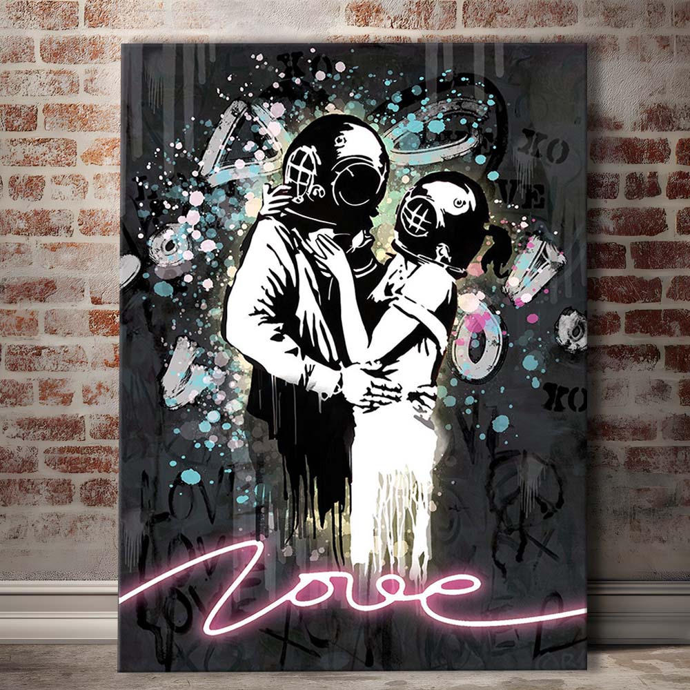 Love Banksy, Neon Sign Effect Art, Canvas Print, Luxury Wall Art Decor, Modern Art
