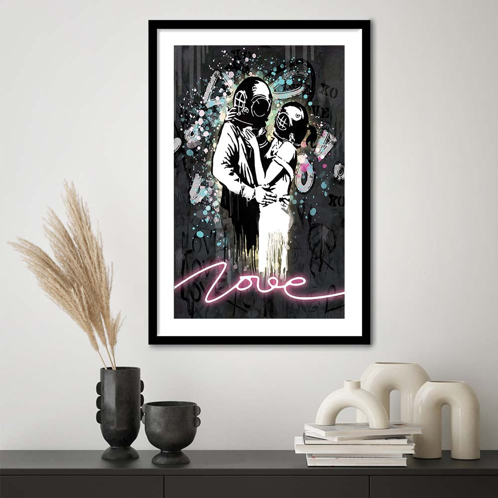 Love Banksy, Neon Sign Effect Art, Framed Art Print, Luxury Pictures Framed, White Border