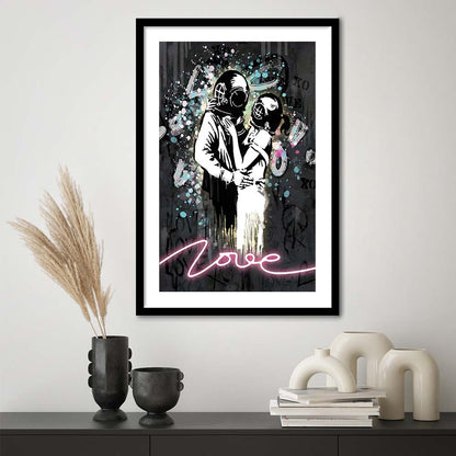 Love Banksy, Neon Sign Effect Art, Framed Art Print, Luxury Pictures Framed, White Border