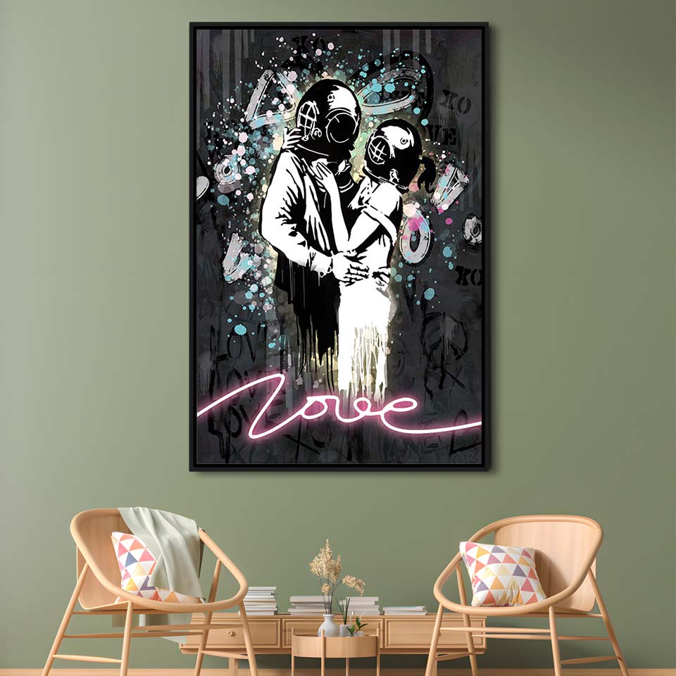 Love Banksy, Neon Sign Effect Art, Framed Canvas Print, Floating Frame, Luxury Wall Art Decor
