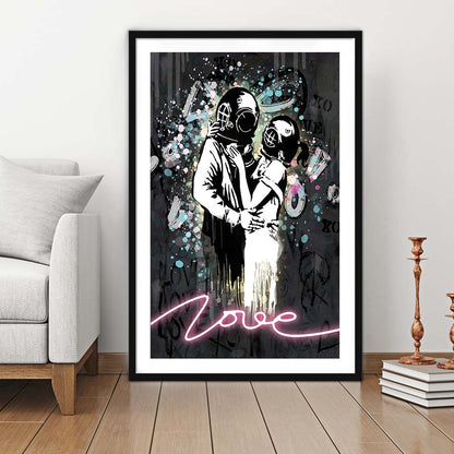 Love Banksy, Neon Sign Effect Art, Framed Art Print, Luxury Pictures Framed, White Border