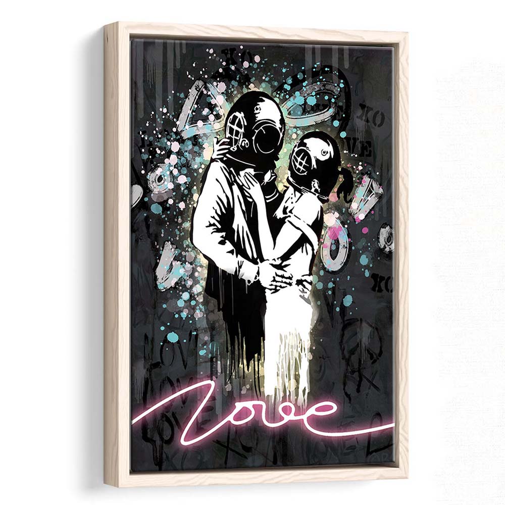 Love Banksy, Neon Sign Effect Art, Framed Canvas Print, Floating Frame, Luxury Wall Art Decor