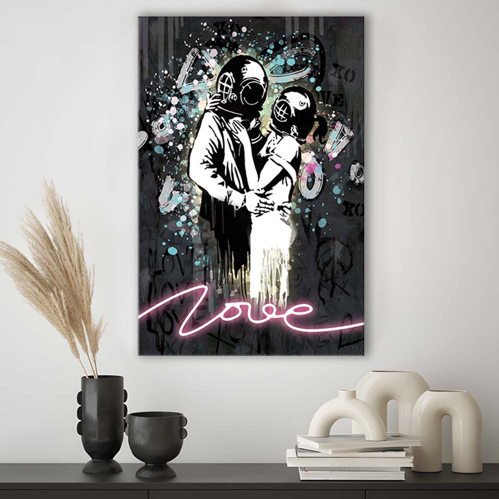 Love Banksy, Neon Sign Effect Art, Canvas Print, Luxury Wall Art Decor, Modern Art
