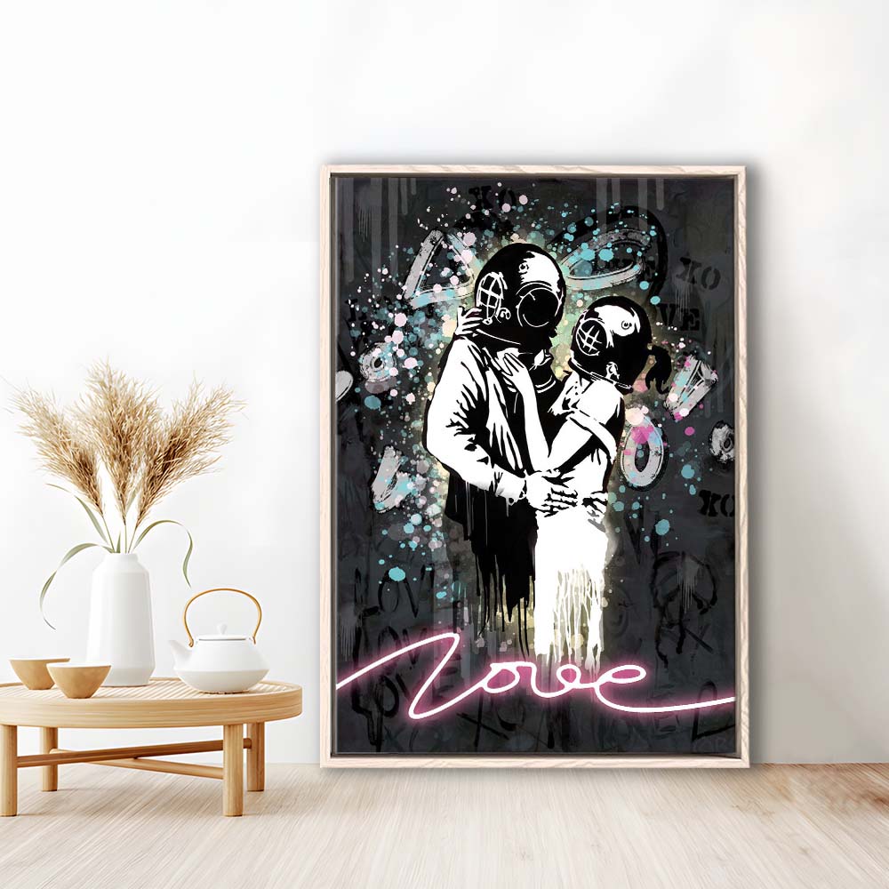 Love Banksy, Neon Sign Effect Art, Framed Canvas Print, Floating Frame, Luxury Wall Art Decor