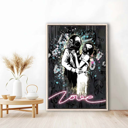 Love Banksy, Neon Sign Effect Art, Framed Canvas Print, Floating Frame, Luxury Wall Art Decor