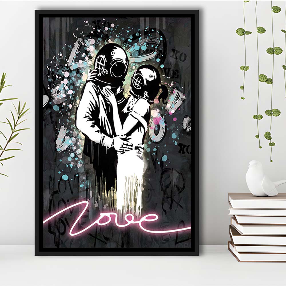 Love Banksy, Neon Sign Effect Art, Framed Canvas Print, Floating Frame, Luxury Wall Art Decor