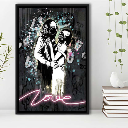 Love Banksy, Neon Sign Effect Art, Framed Canvas Print, Floating Frame, Luxury Wall Art Decor