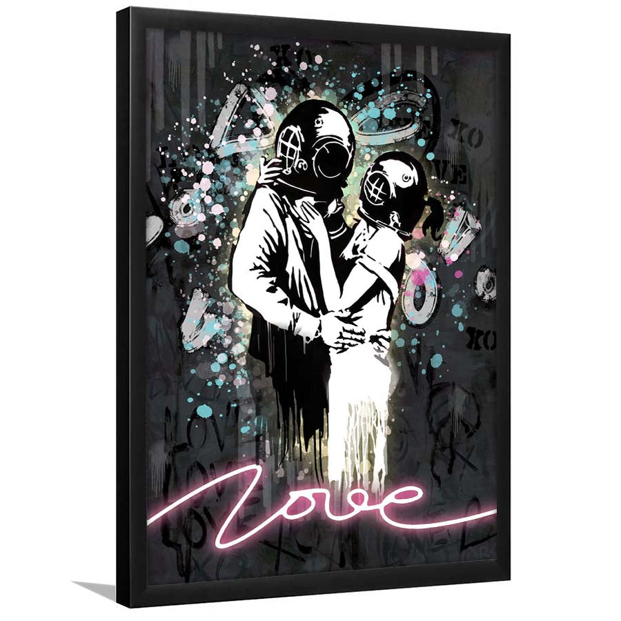 Love Banksy, Neon Sign Effect Art, Framed Art Print, Picture Framed Wall Art Decor