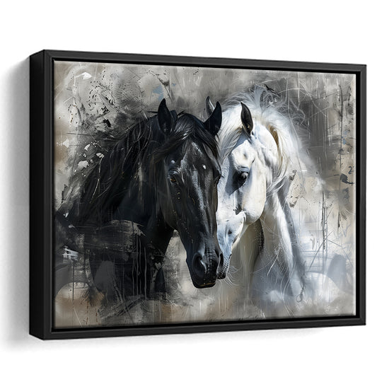 Loved Couple Horse Portrait Black And Whitev1, Framed Canvas Painting, Framed Canvas Prints Wall Art Decor