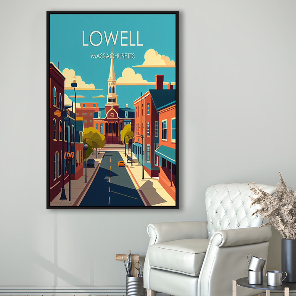 Lowell Massachusetts Retro Art Print, Lowell City Wall Art, Floating Framed Canvas Print, Framed Picture, Painting Canvas