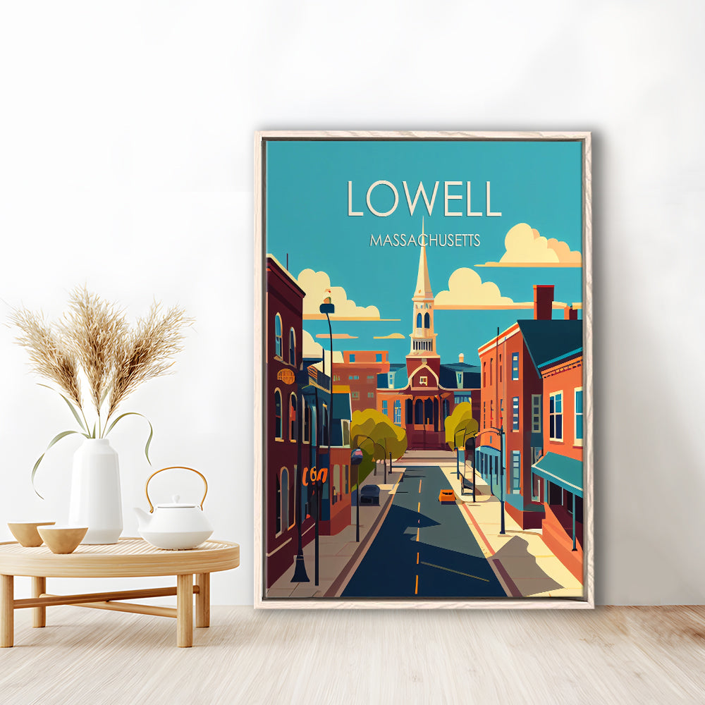 Lowell Massachusetts Retro Art Print, Lowell City Wall Art, Floating Framed Canvas Print, Framed Picture, Painting Canvas