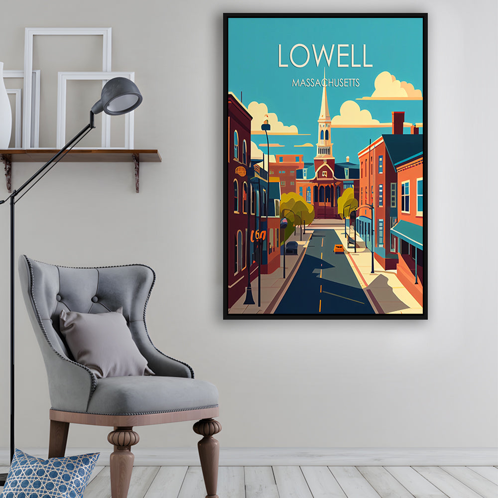 Lowell Massachusetts Retro Art Print, Lowell City Wall Art, Floating Framed Canvas Print, Framed Picture, Painting Canvas
