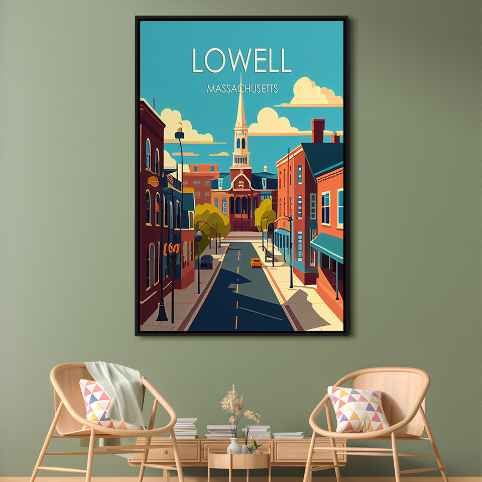 Lowell Massachusetts Retro Art Print, Lowell City Wall Art, Floating Framed Canvas Print, Framed Picture, Painting Canvas